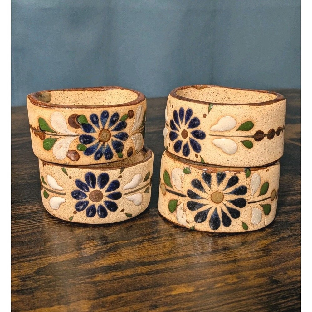 Tonala Napkin Rings Stoneware Floral Folk Art 4 Set